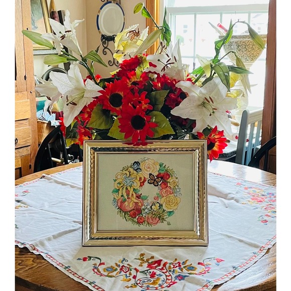 Vintage Handmade Butterfly Wreath Cross Stitch Gold Framed Wall/Stand Decor - Picture 2 of 9